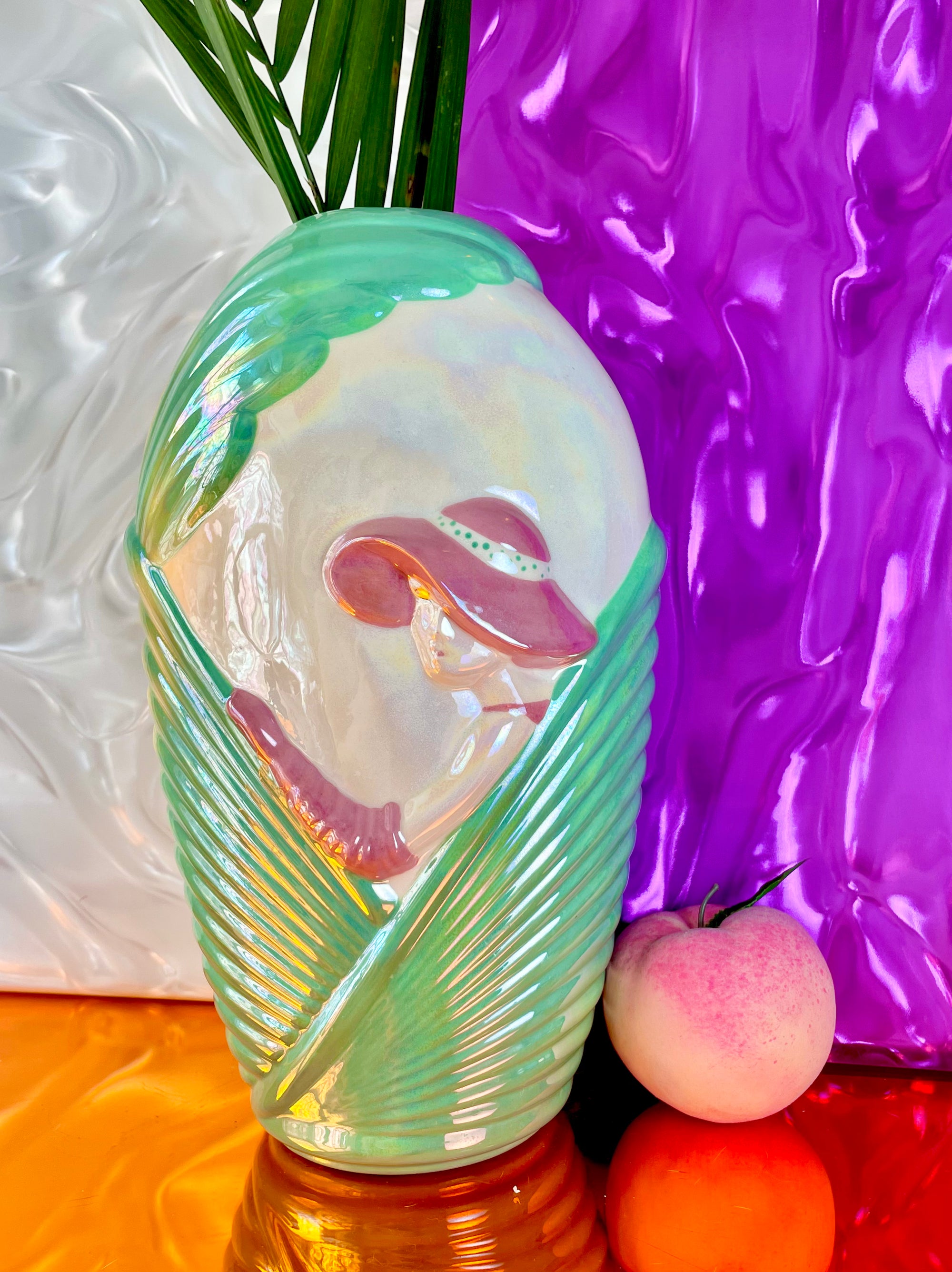 Iridescent Green & Pink Ceramic Art Deco Lady Vase