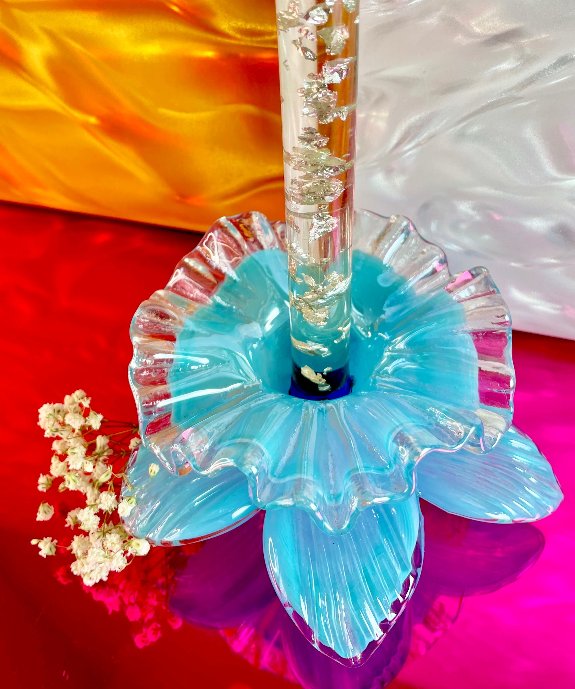 Hand-blown Iridescent Blue Glass Daffodil Candle Holder