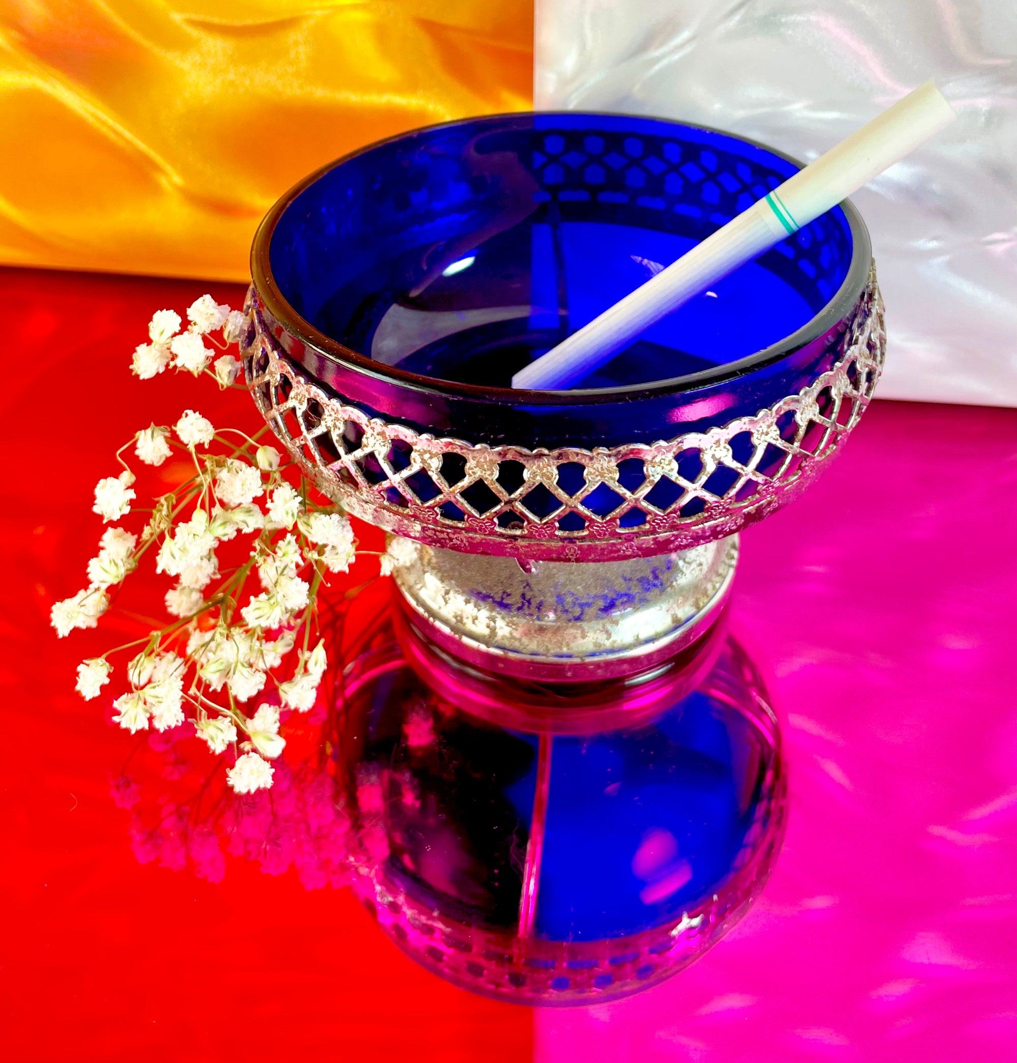 Silver and Cobalt Blue Glass Ash Tray