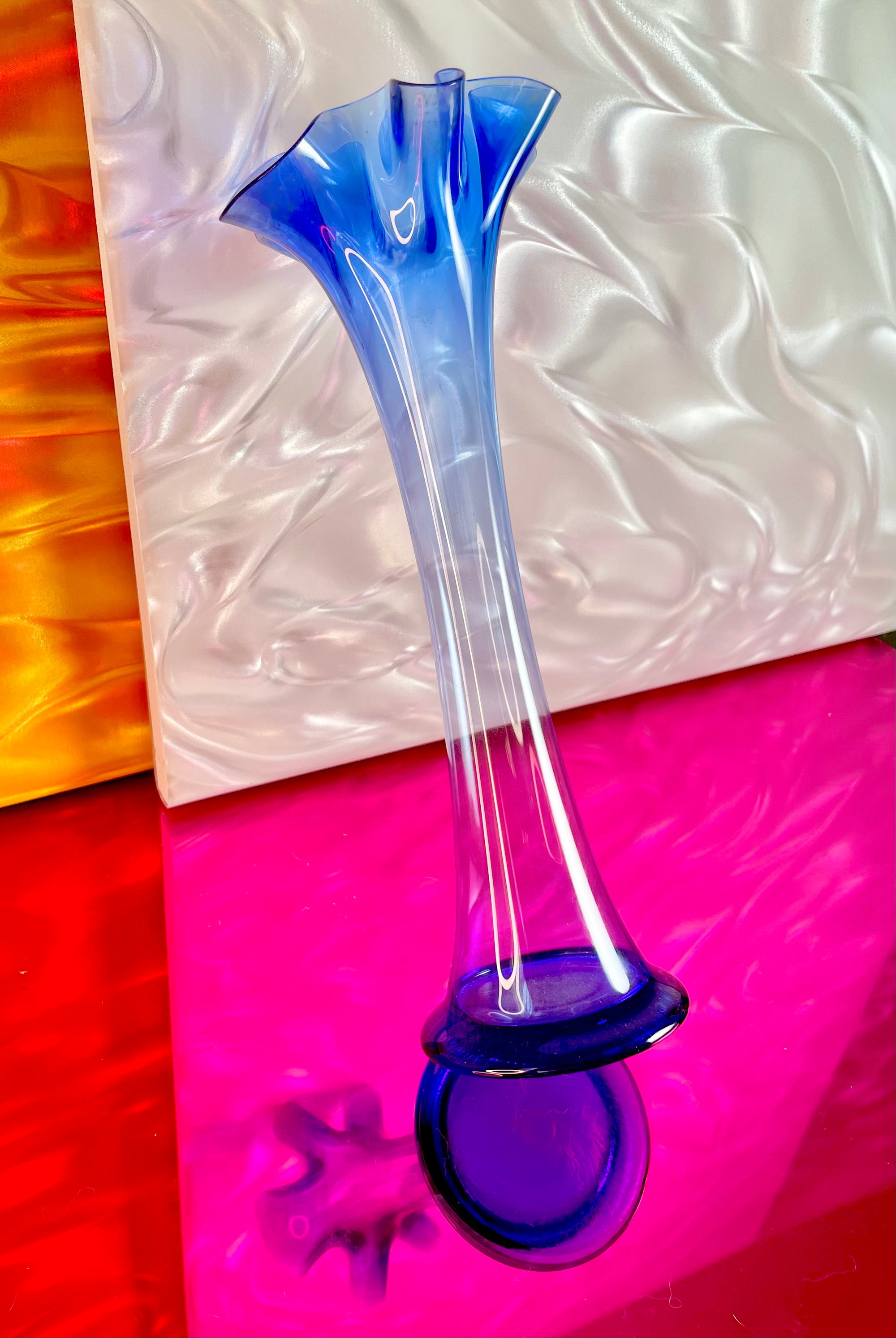 Hand-Blown Blue Glass Trumpet Ruffle Vase