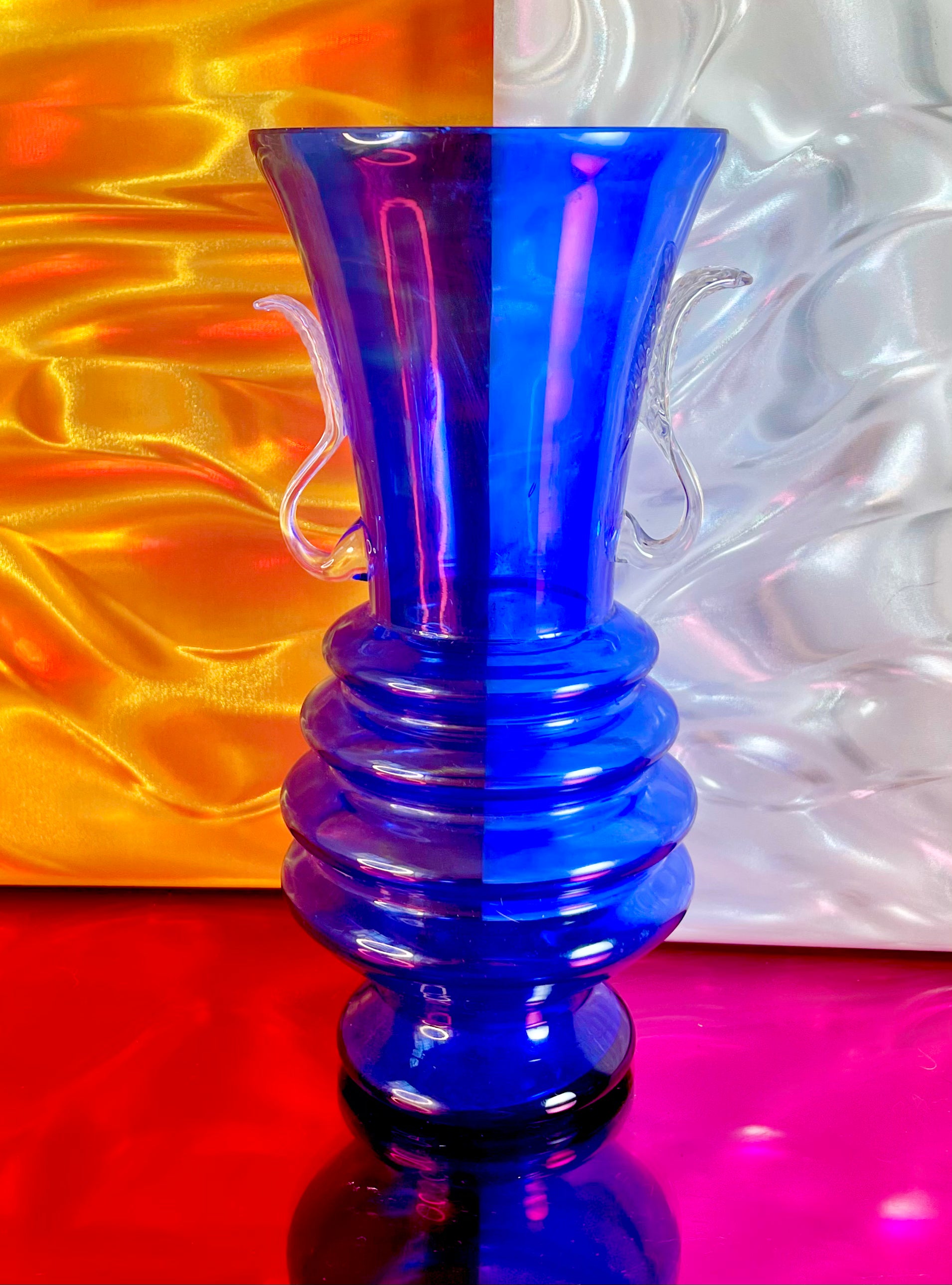 Geometric Cobalt Blue Glass Amphora Vase