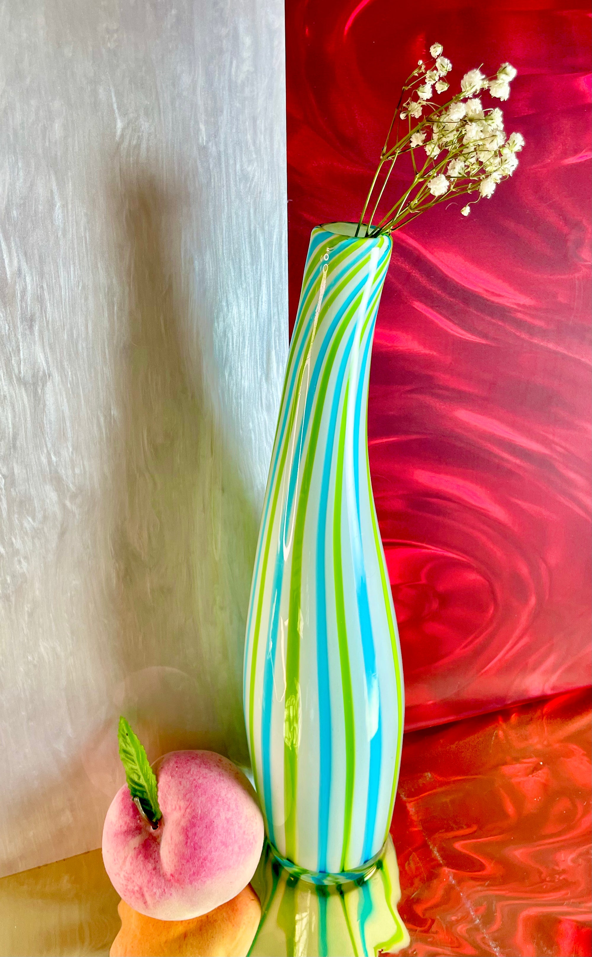 Hand-Blown Green and Aqua Striped Vase