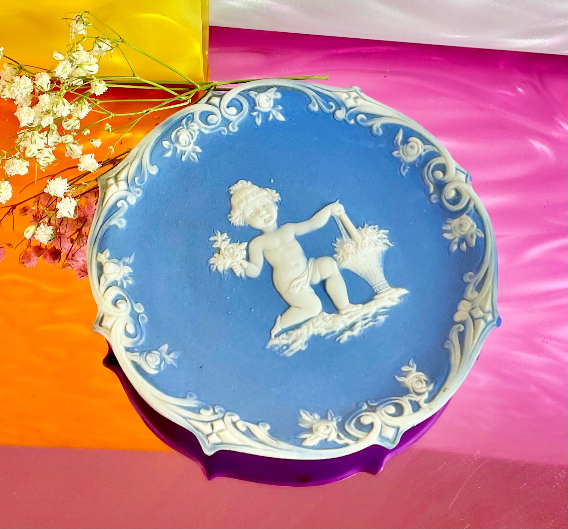 Blue Jasperware Putti Dish