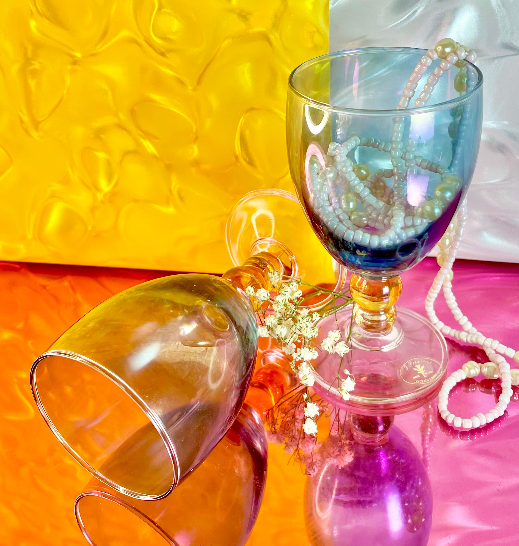 Hand-Blown Iridescent Blue and Orange Glass Goblets