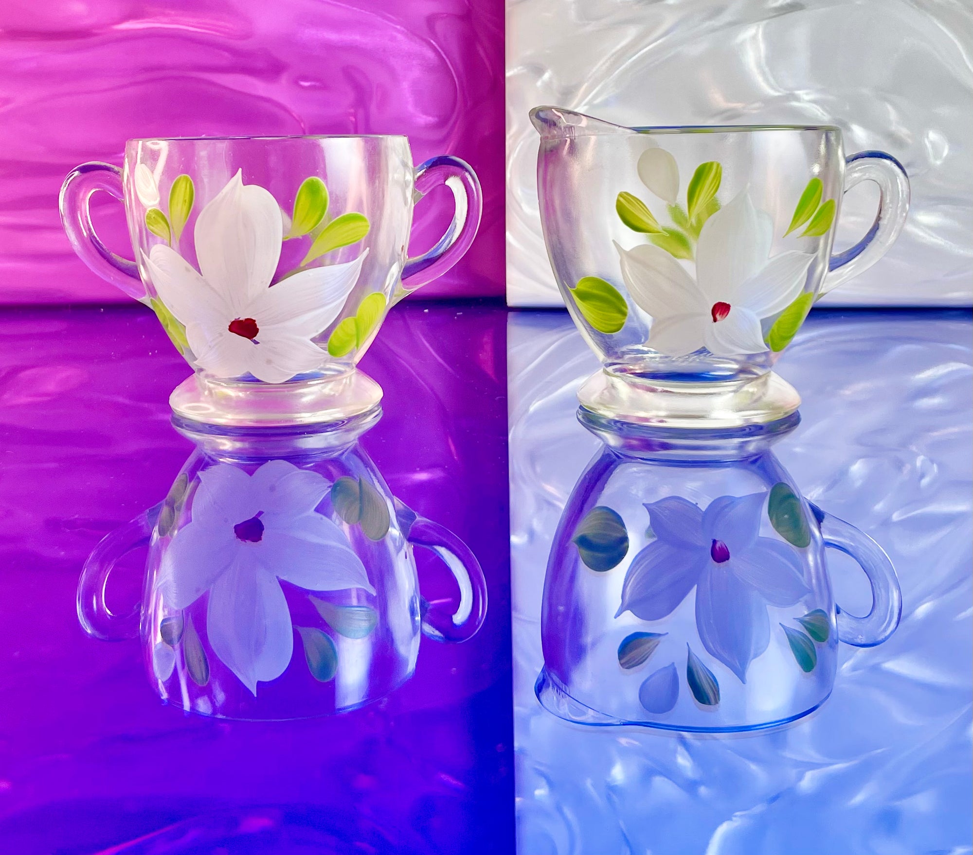 Hand-Painted Glass Magnolia Loving Cup and Pitcher