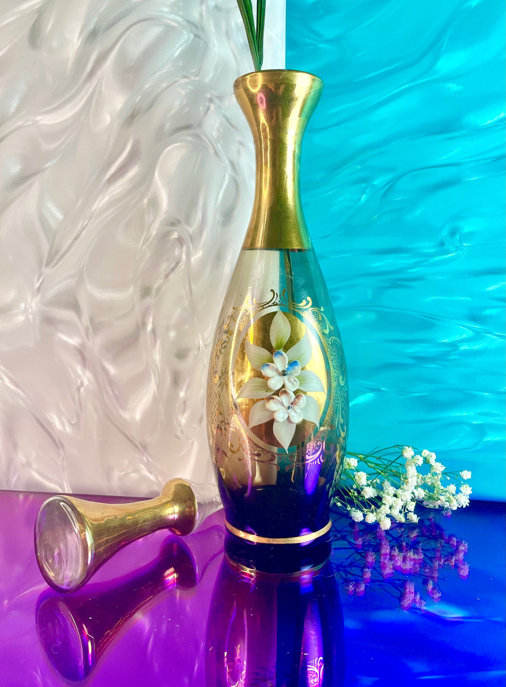 Gold Bohemian Glass Floral Decanter