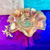 Iridescent Peach Carnival Glass Floral Ruffle Bowl