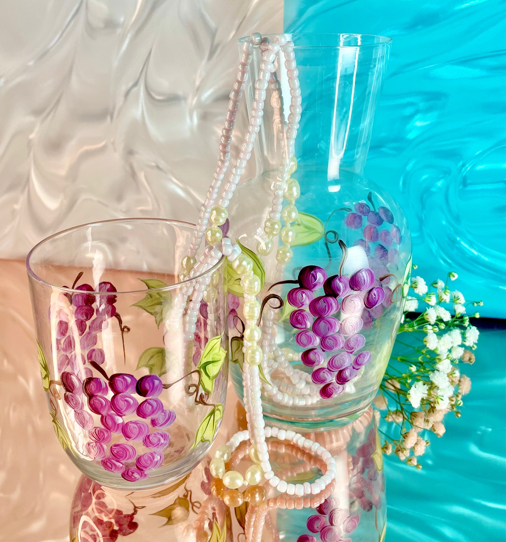 Hand-Painted Grape Glass Carafe and Cup Set