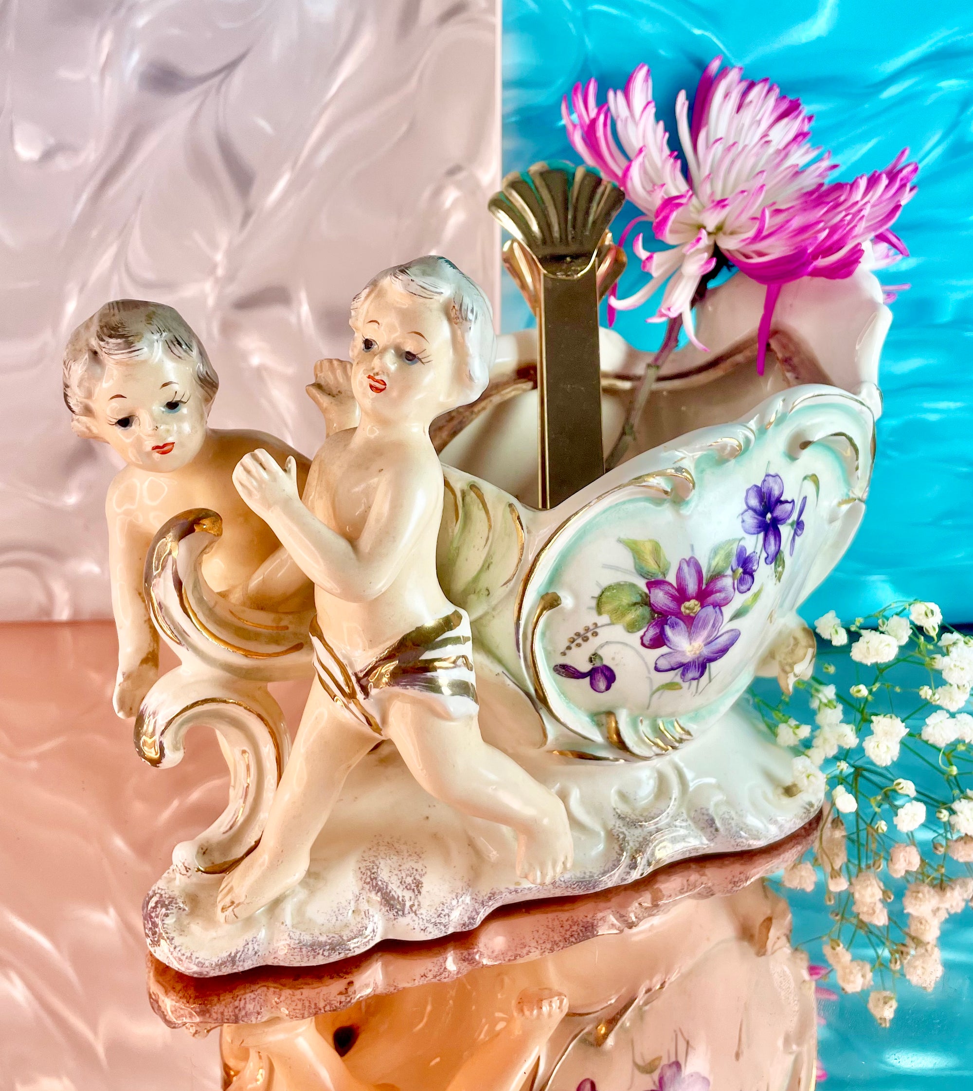 Ceramic Cherub and Violet Chariot Planter