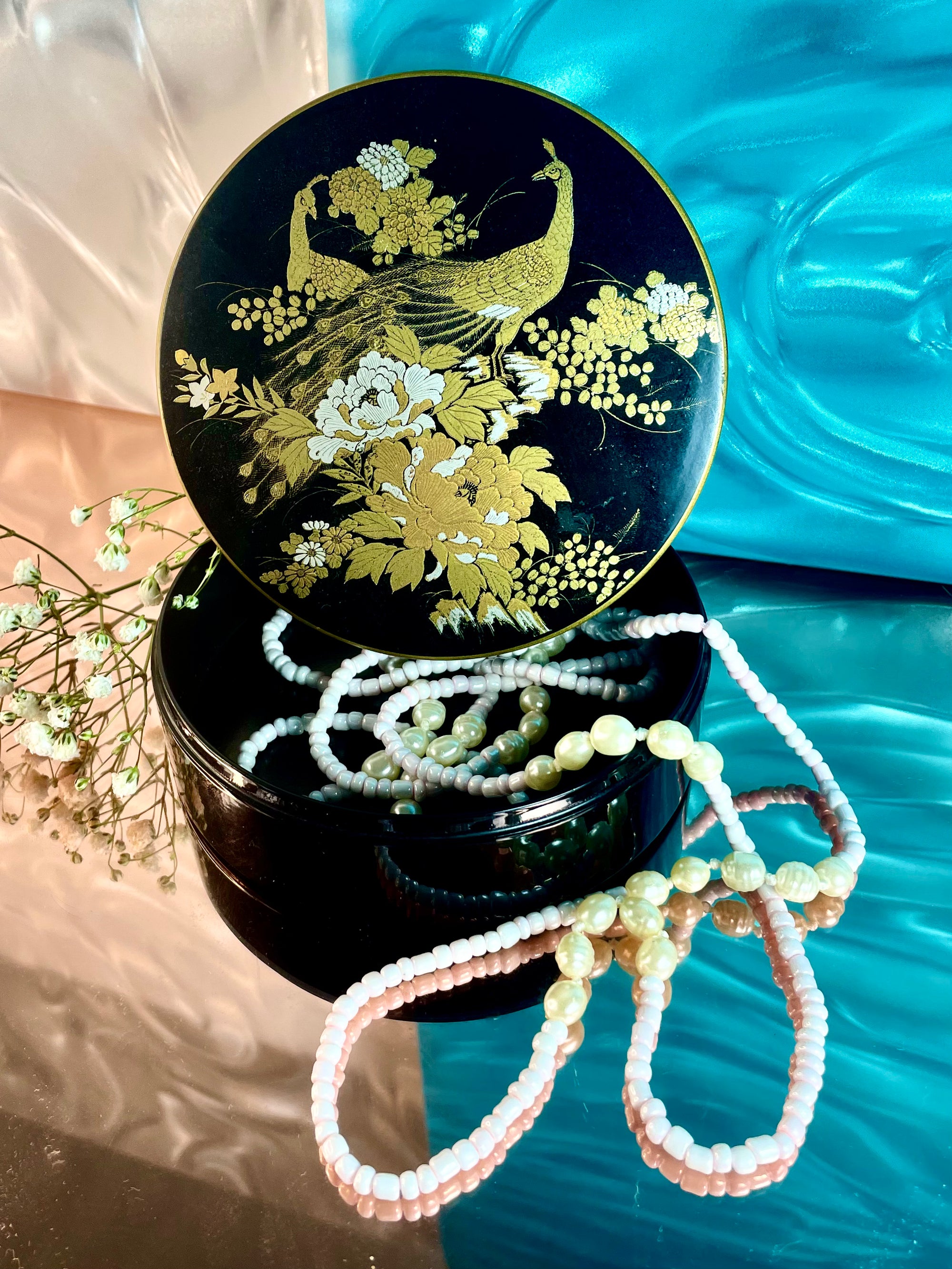 Golden Peacock and Peony Jewelry Box