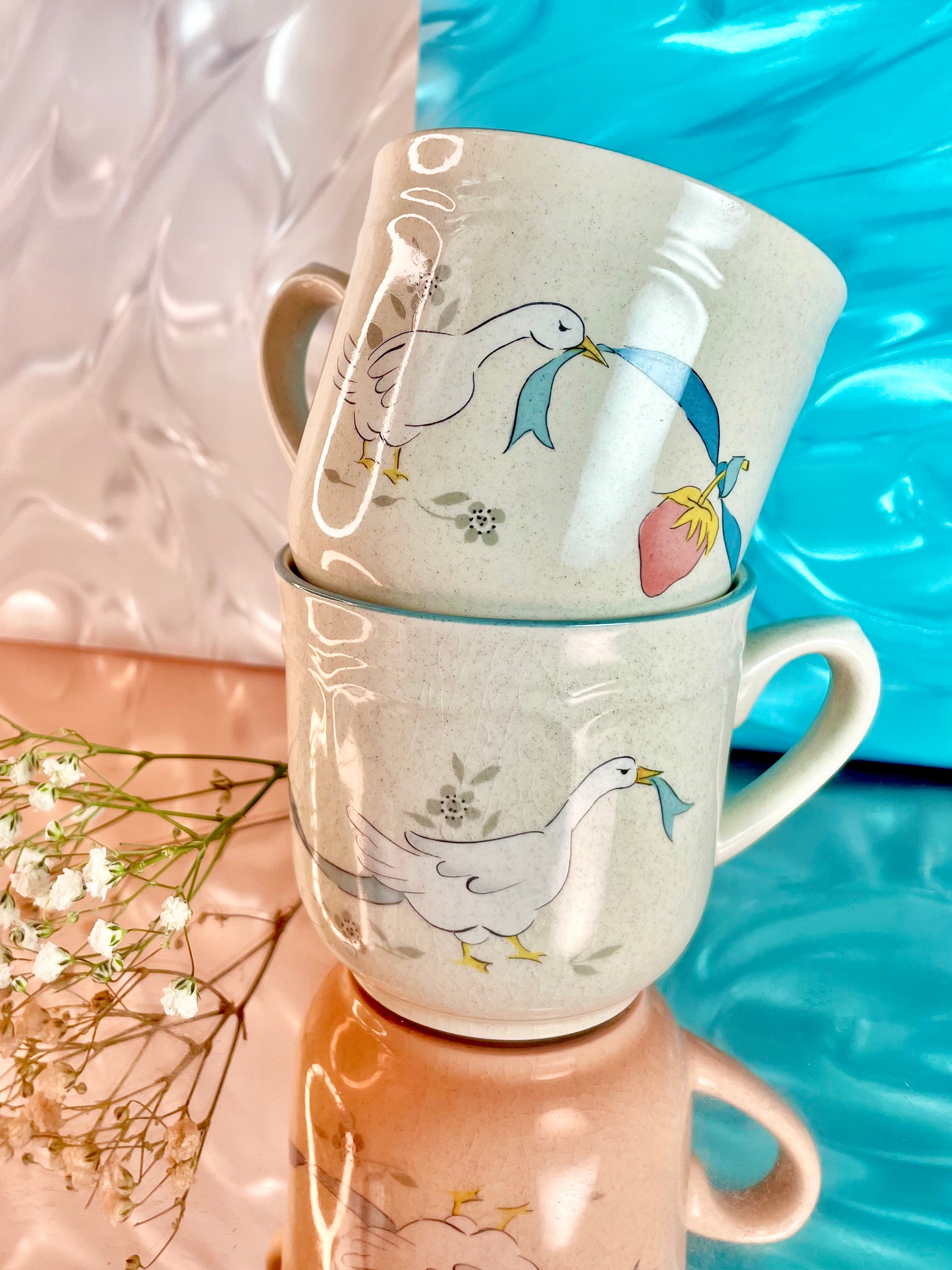 Ceramic Geese and Strawberry Mugs