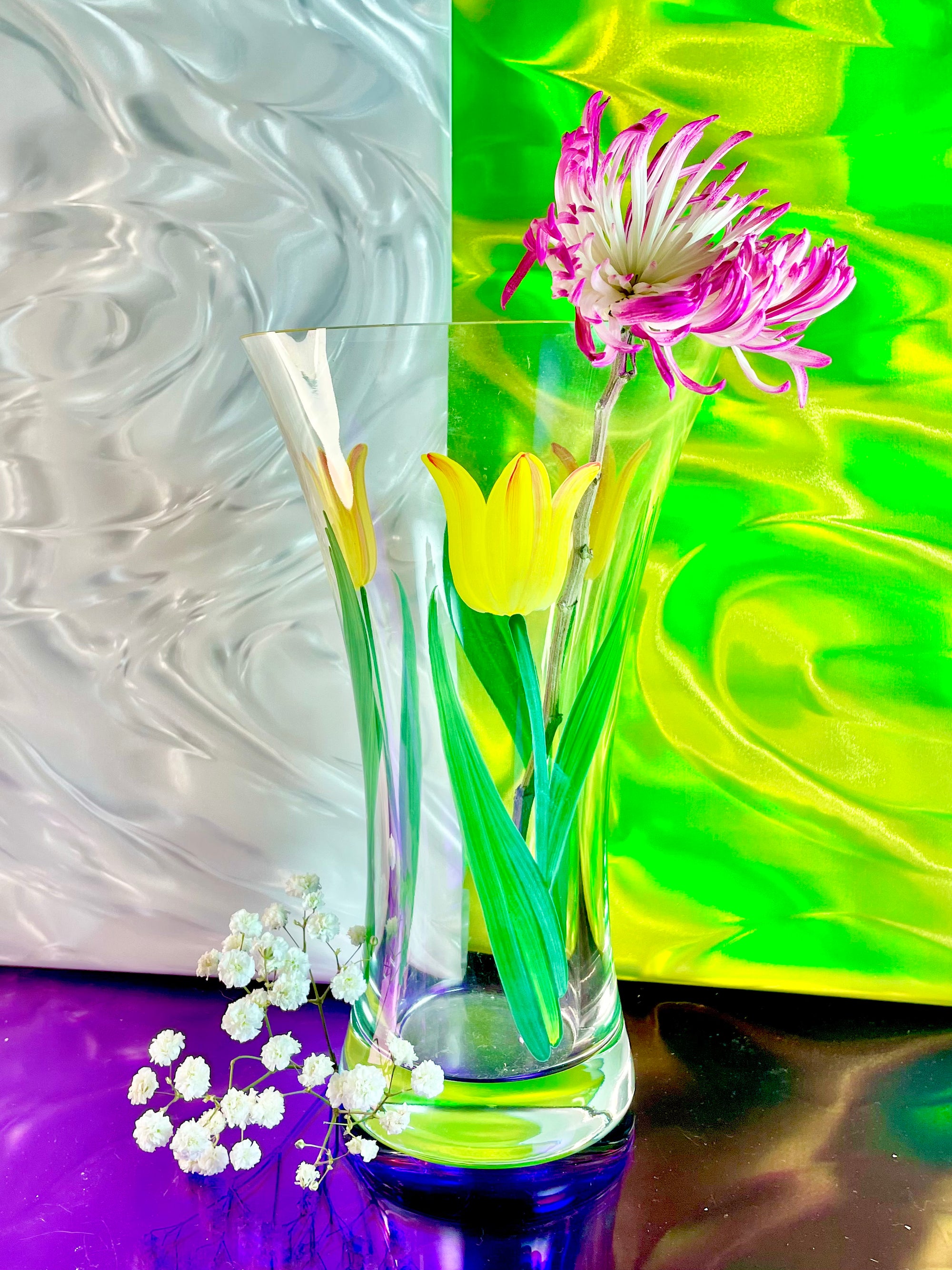 Hand-Painted Yellow Tulip Glass Trumpet Vase