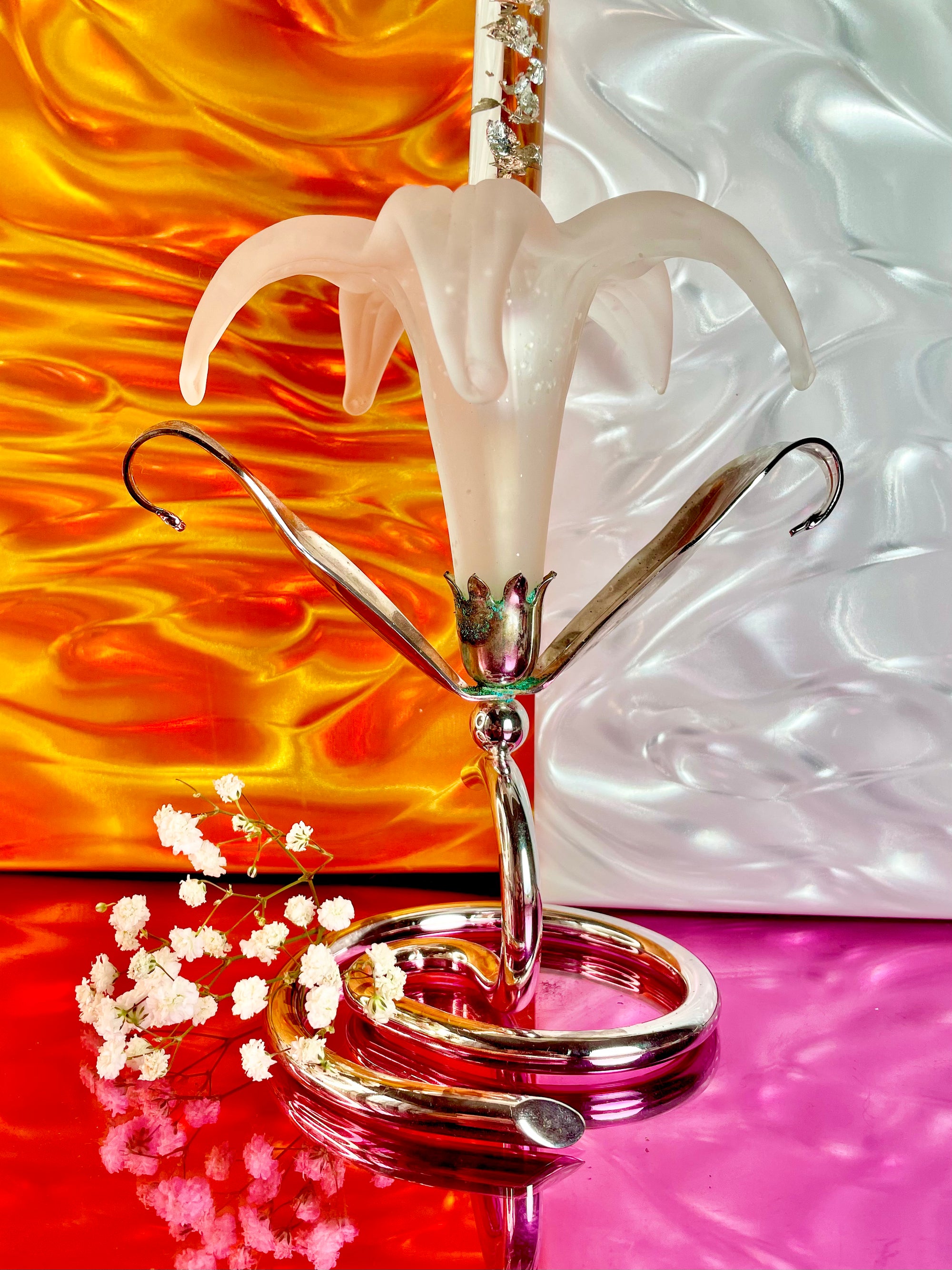 Silver and Frosted Glass Lily Candle Holder