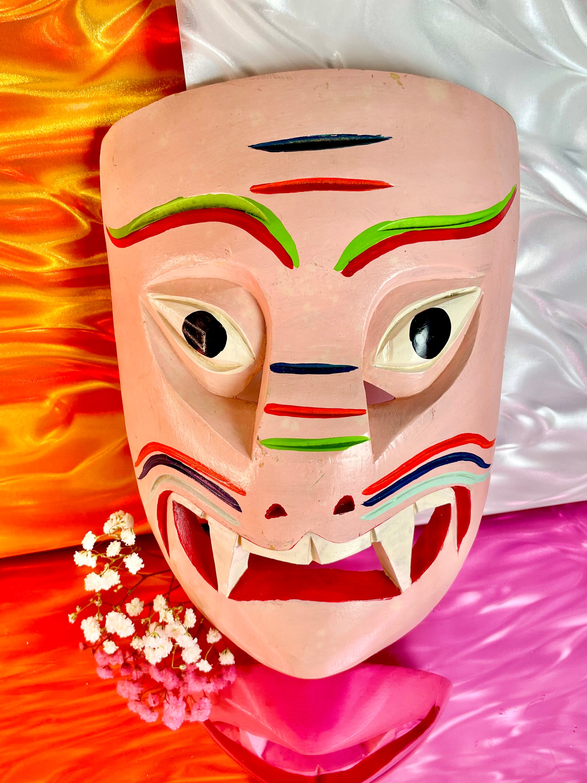 Pink Smiling Fangs Wooden Wall Mask