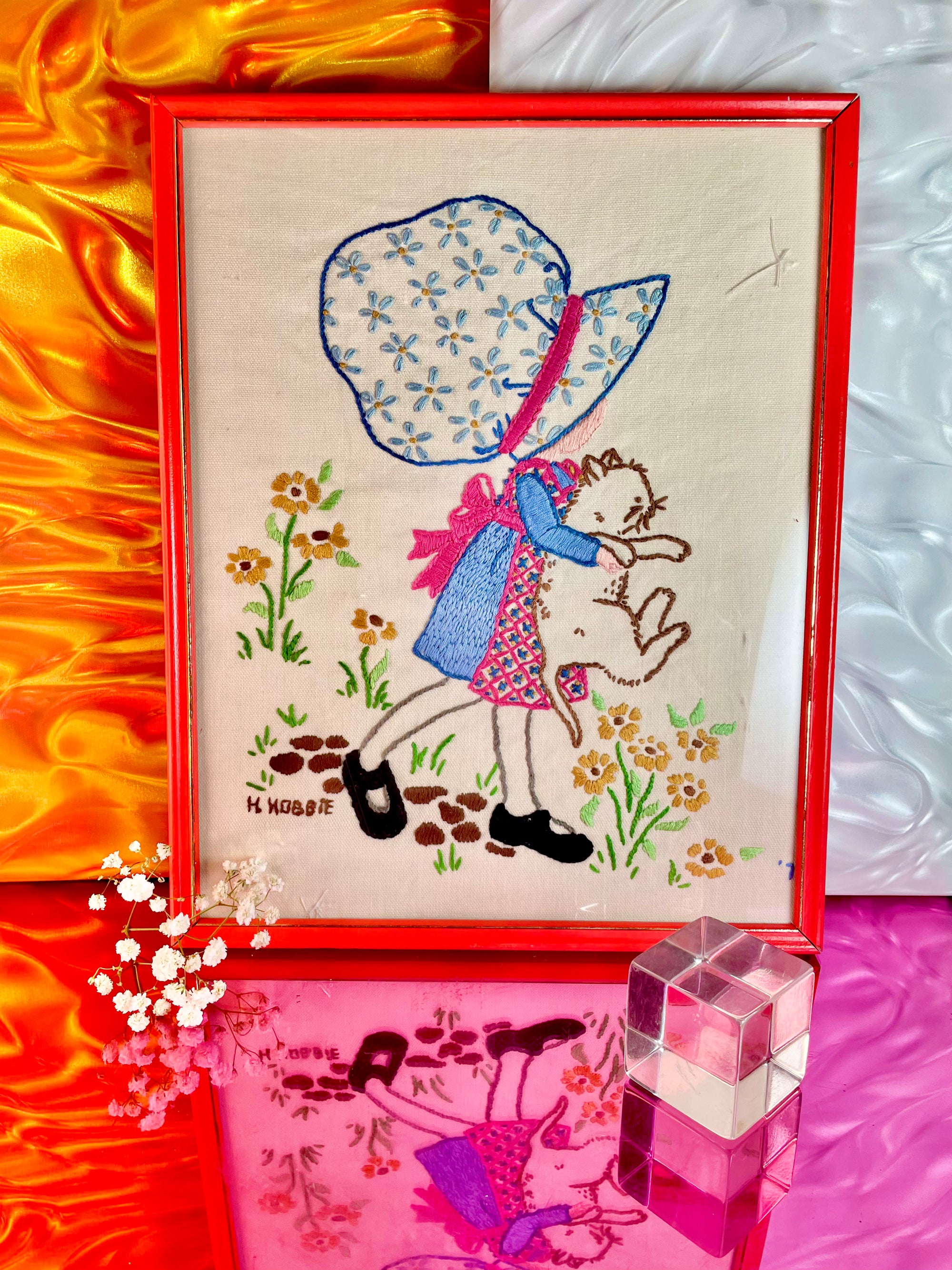 Bonet Girl and Kitten Needle Point