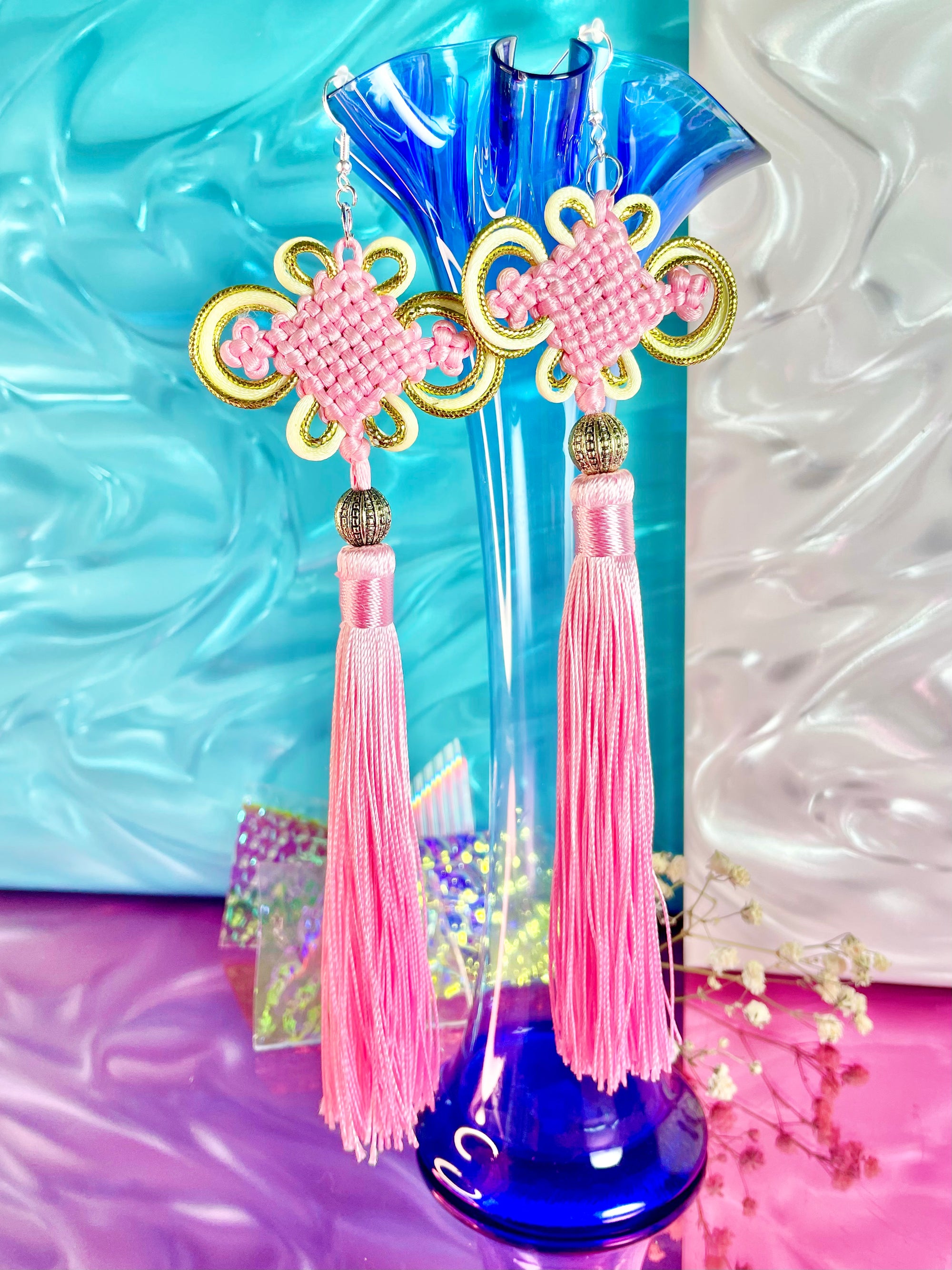 Pink and Gold Knot Tassel Earrings