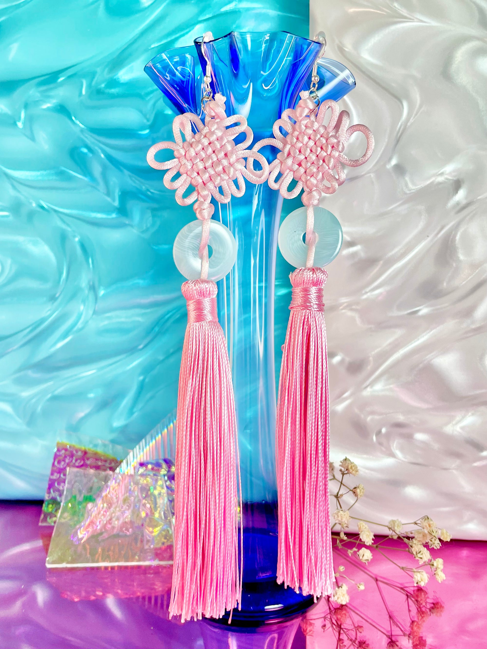 Pink and Jade Knot Tassel Earrings