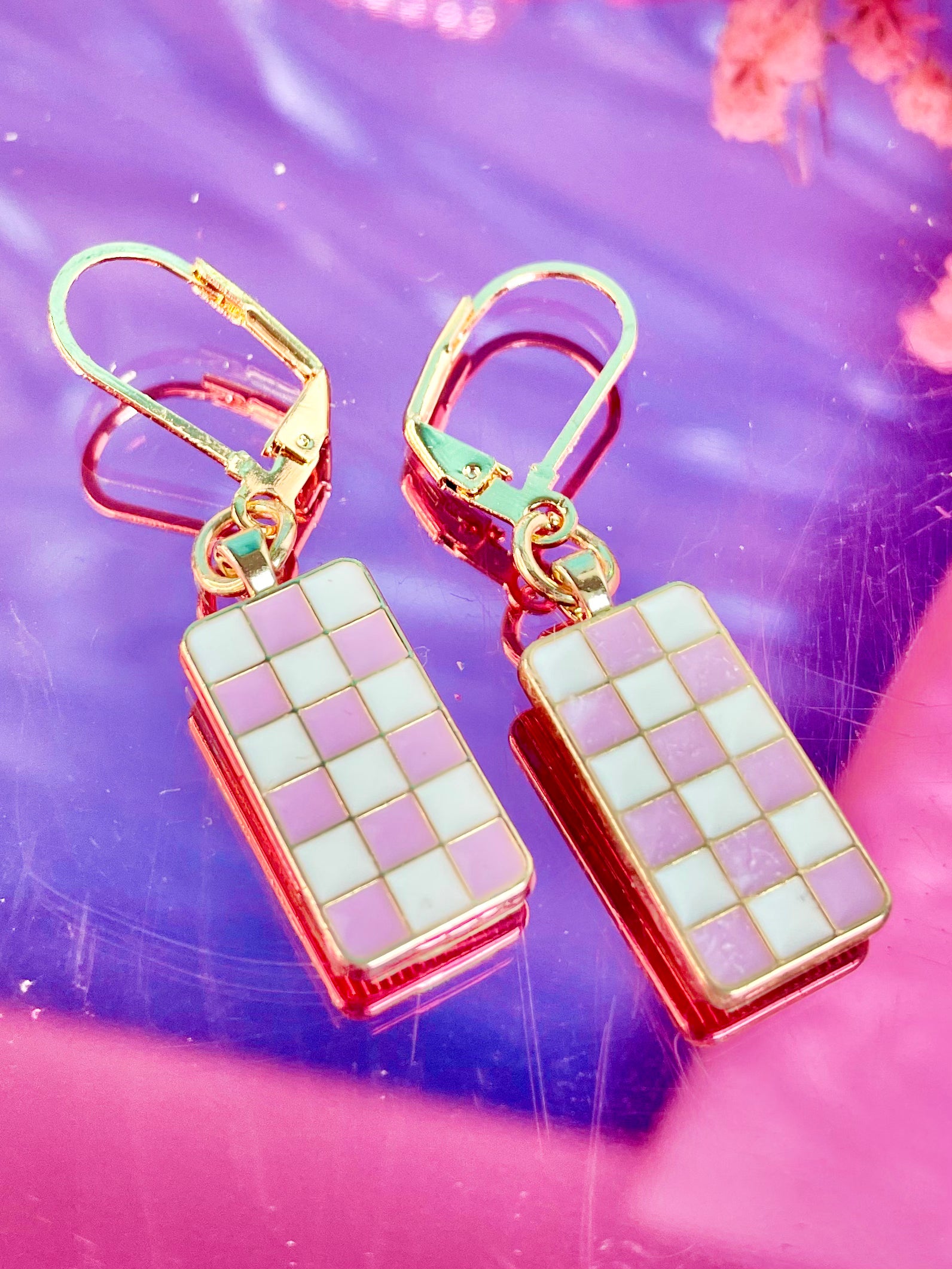 Gold Plated Checkered Earrings (Multiple Colors)