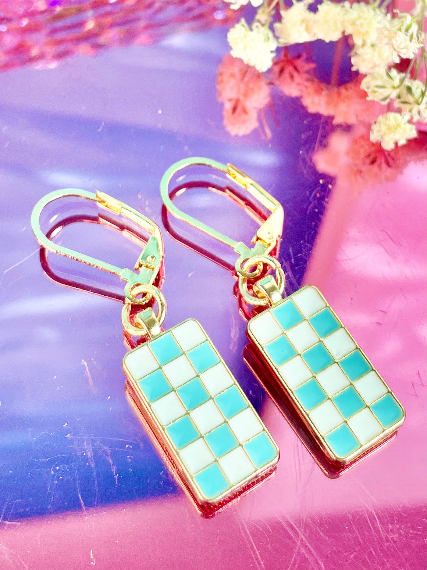 Gold Plated Checkered Earrings (Multiple Colors)