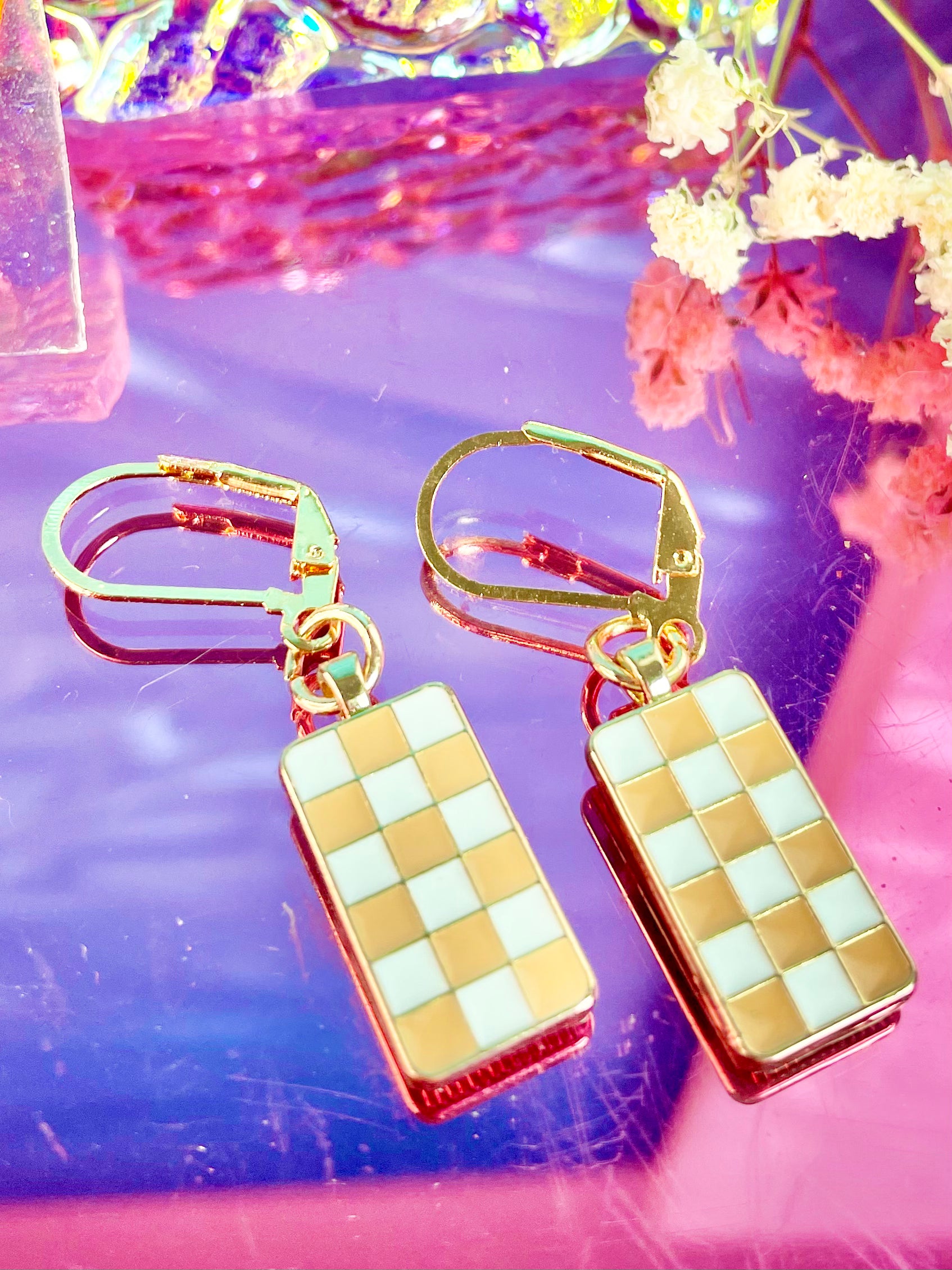 Gold Plated Checkered Earrings (Multiple Colors)