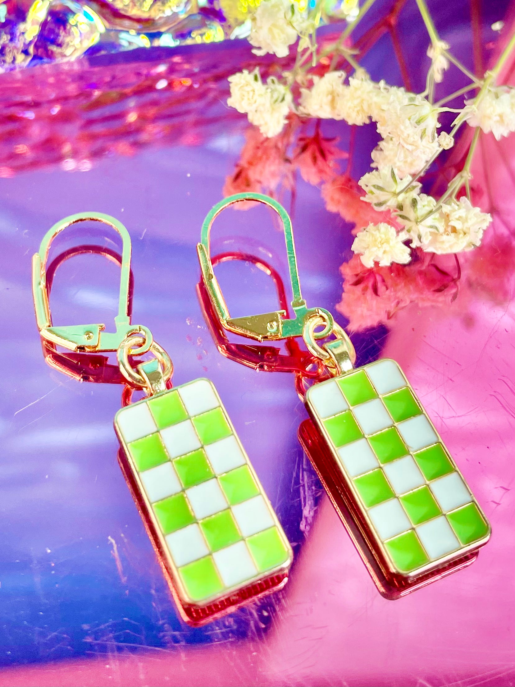 Gold Plated Checkered Earrings (Multiple Colors)