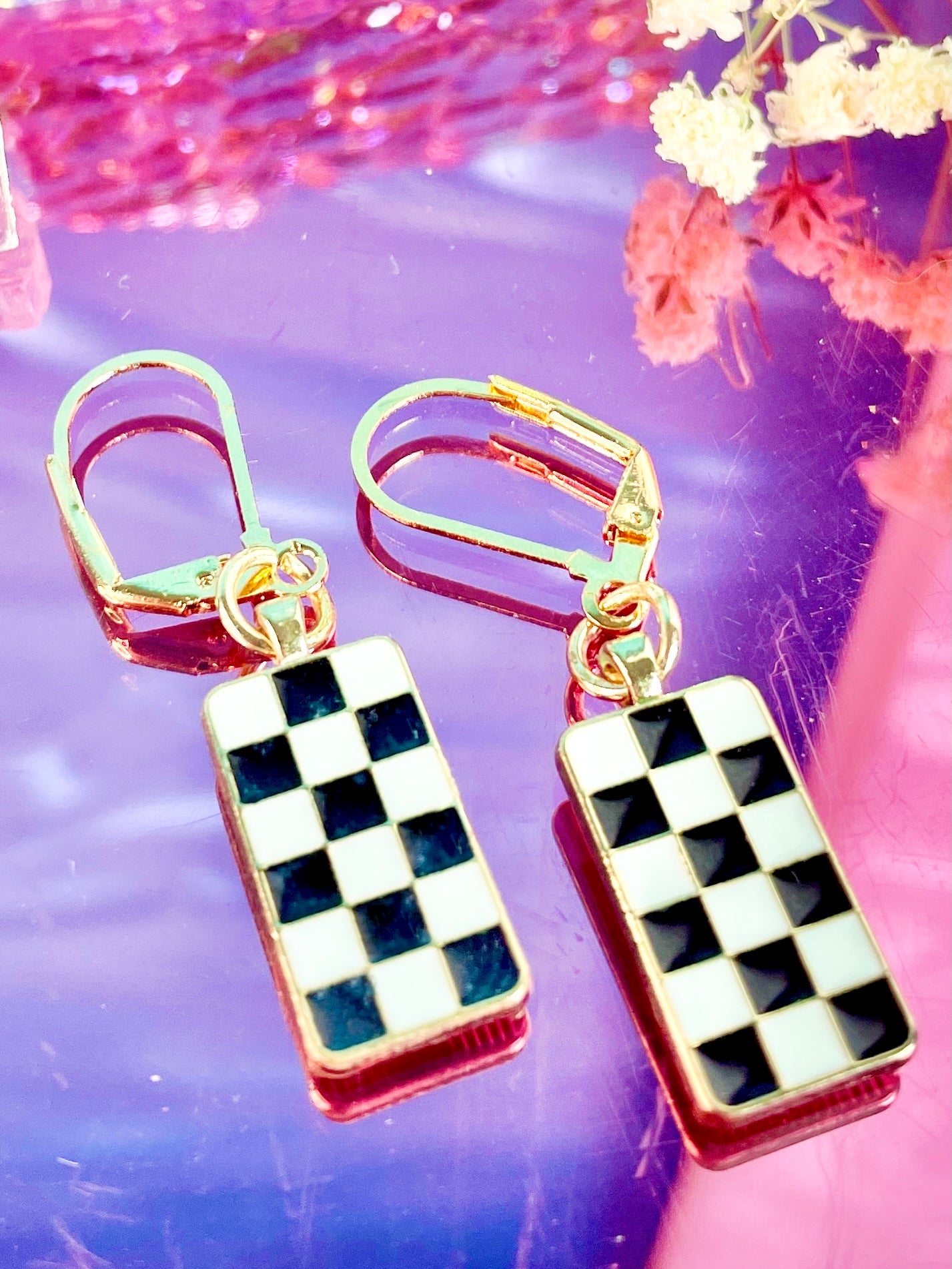 Gold Plated Checkered Earrings (Multiple Colors)