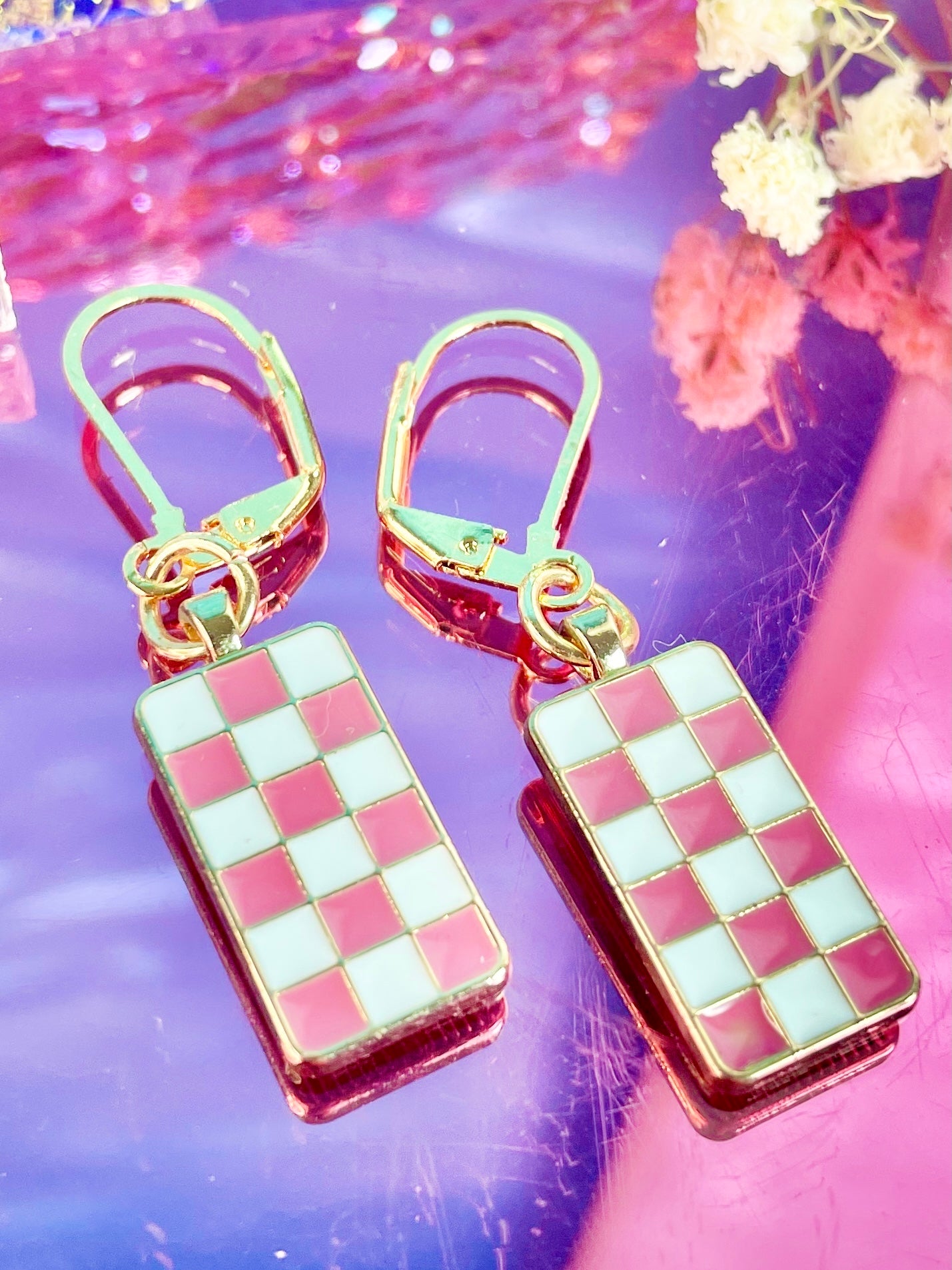 Gold Plated Checkered Earrings (Multiple Colors)