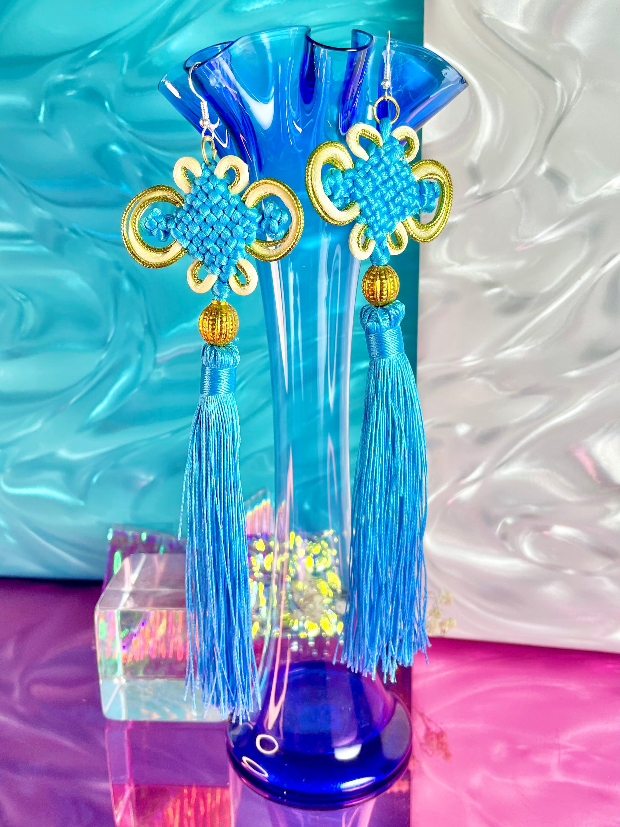 Blue and Gold Knot Tassel Earrings