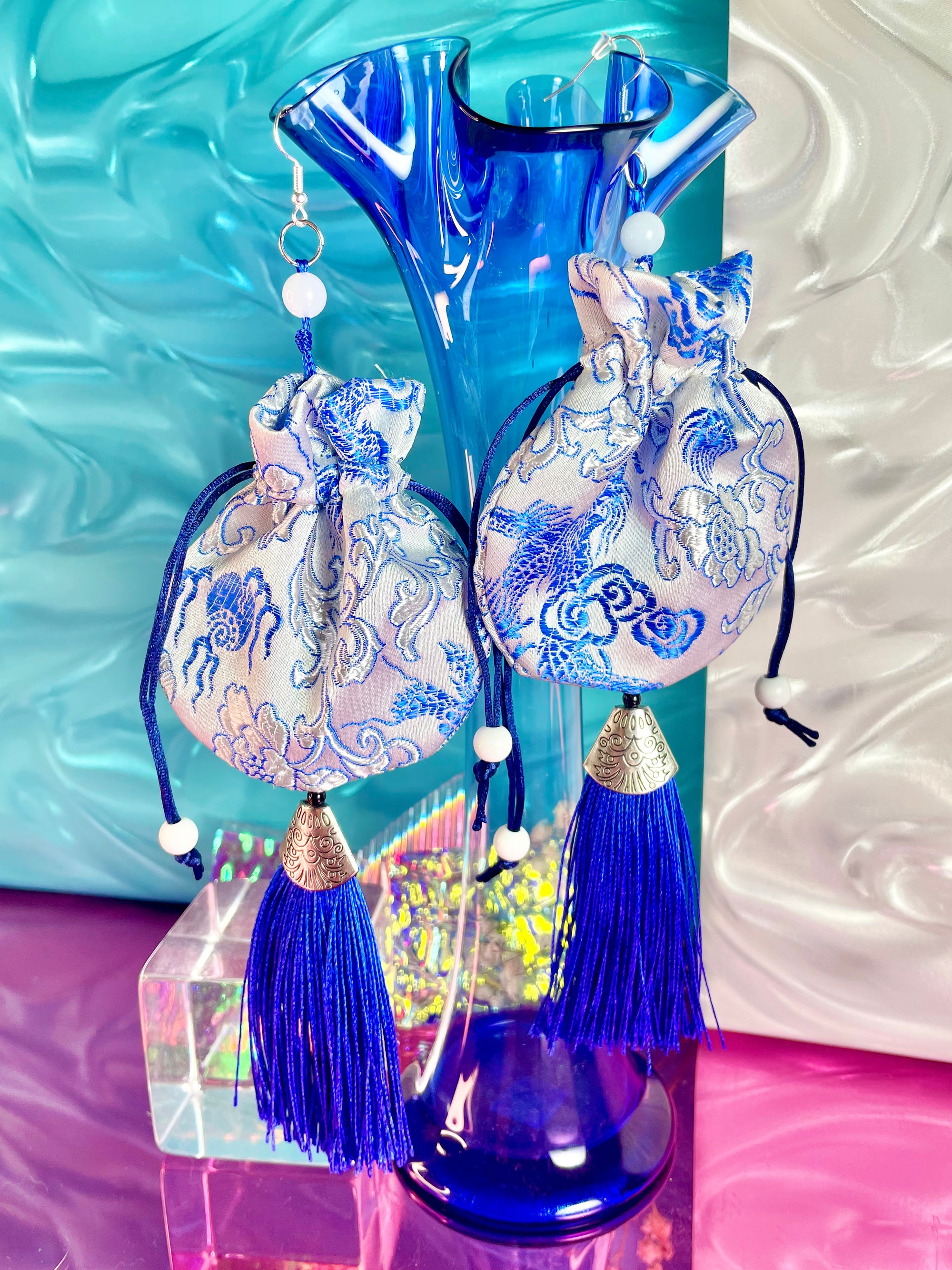 Blue Silk Pouch Tassel Earrings