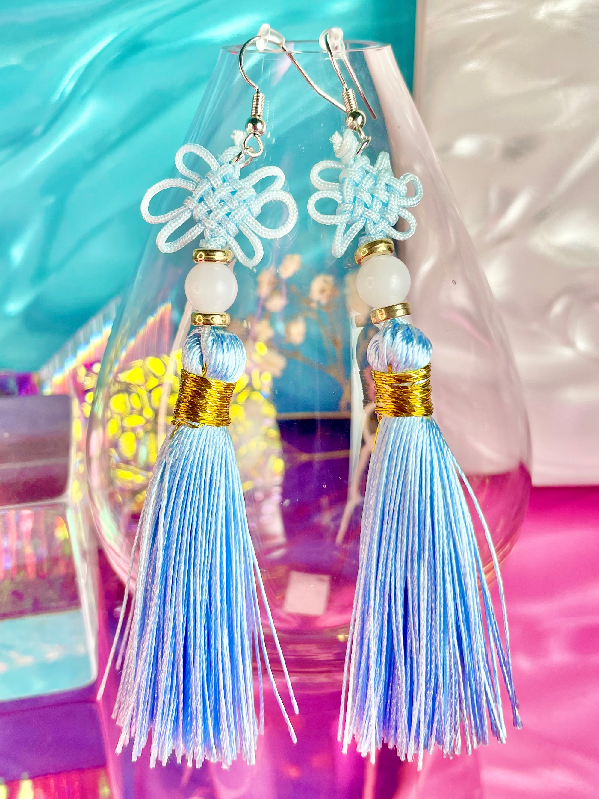 Blue Pan Chang Knot Mini Tassel Earrings