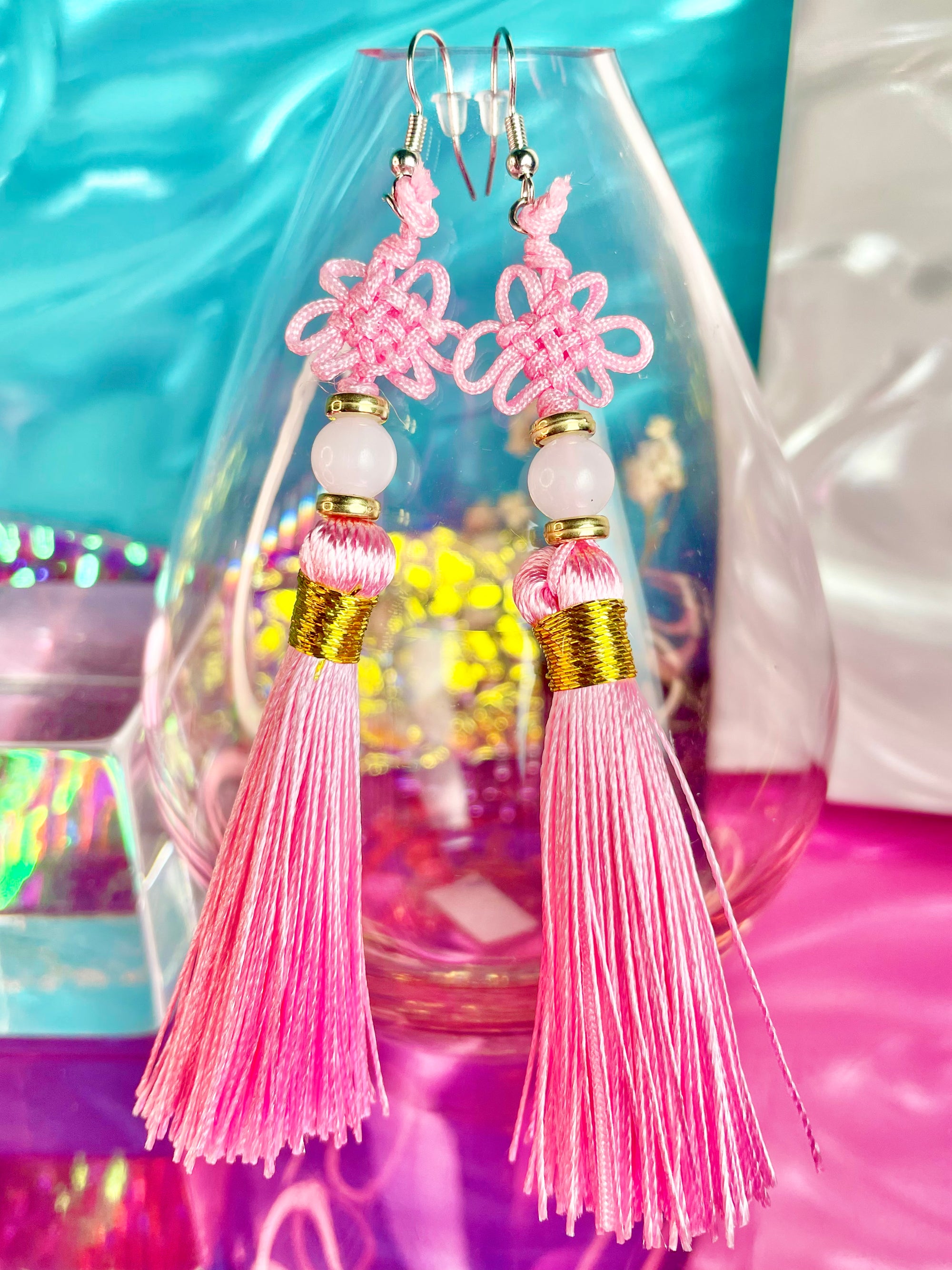 Pink Pan Chang Knot Mini Tassel Earrings