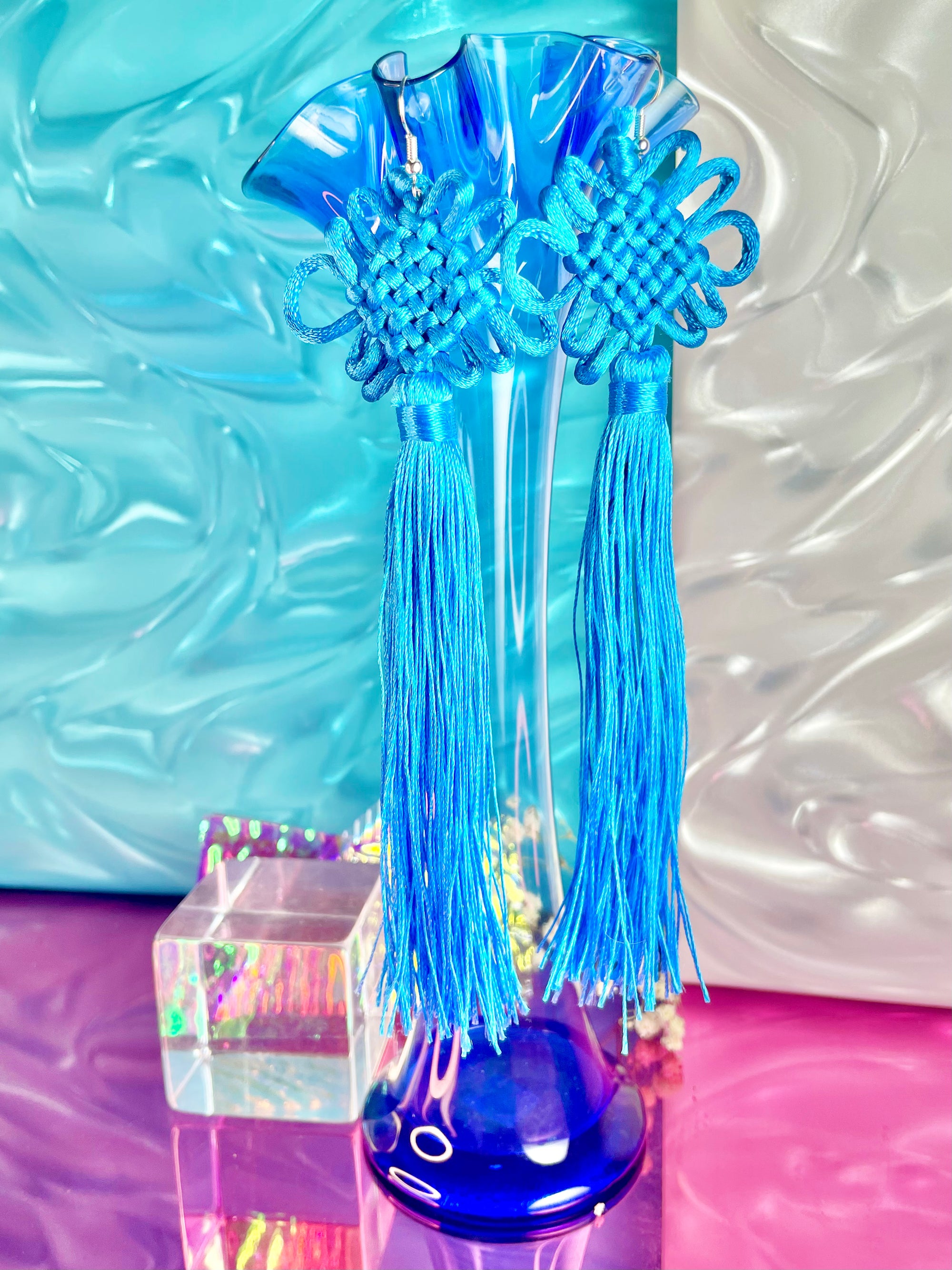 Blue Pan Chang Knot Tassel Earrings