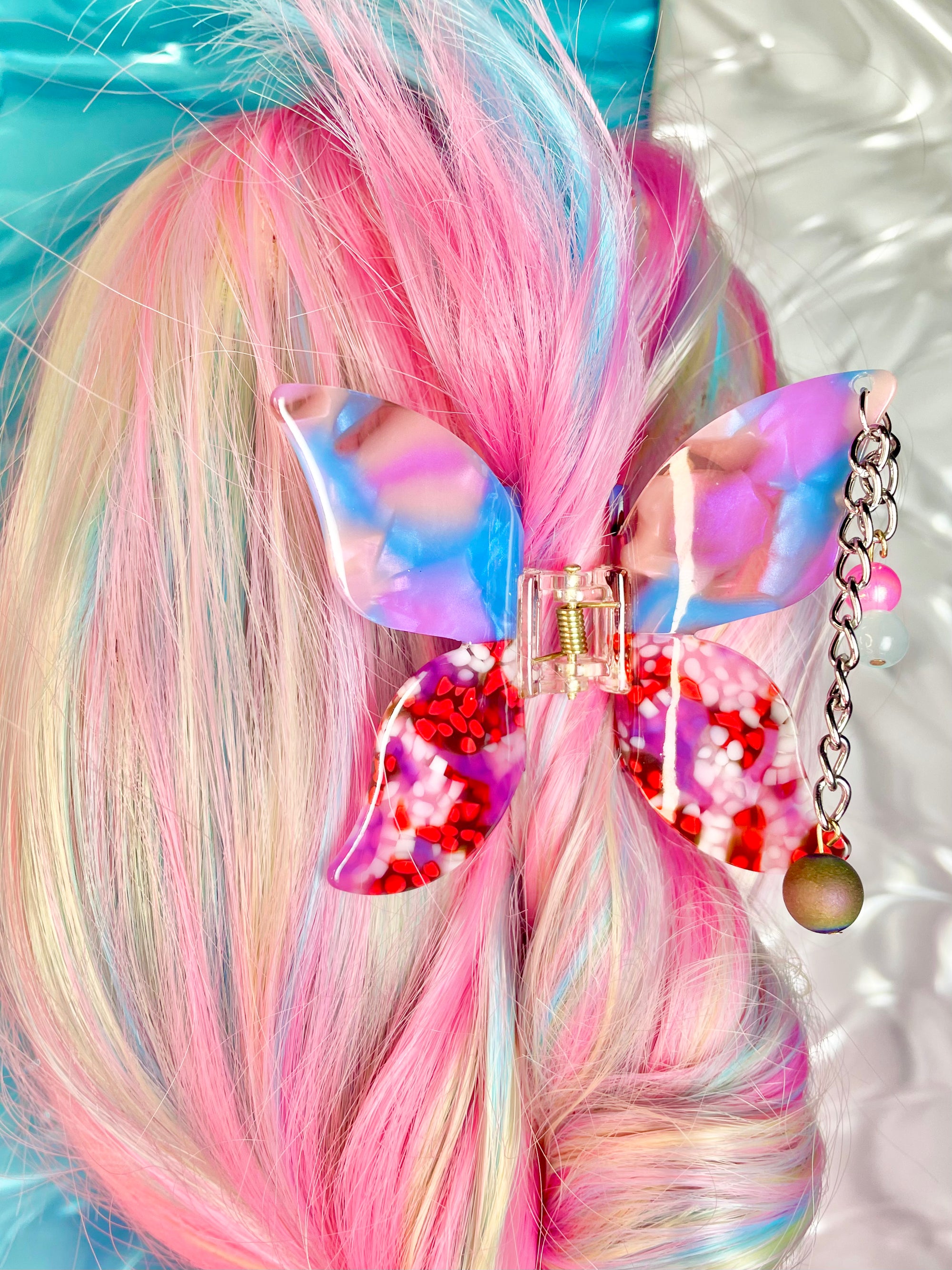 Pierced Beaded Pink & Blue Butterfly Clip